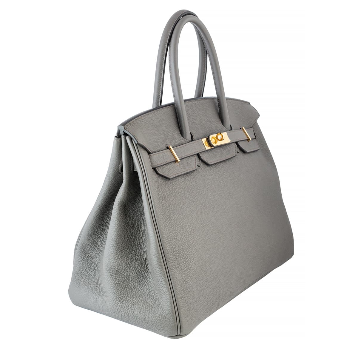 Side angle of Birkin 35 grey leather bag with gold hardware.