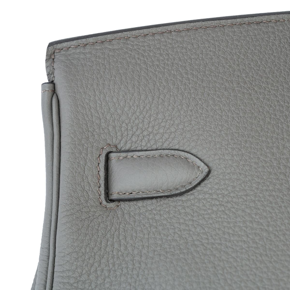 Back view of the Hermes Birkin 35 showing the corner of the bag with grey stitching.