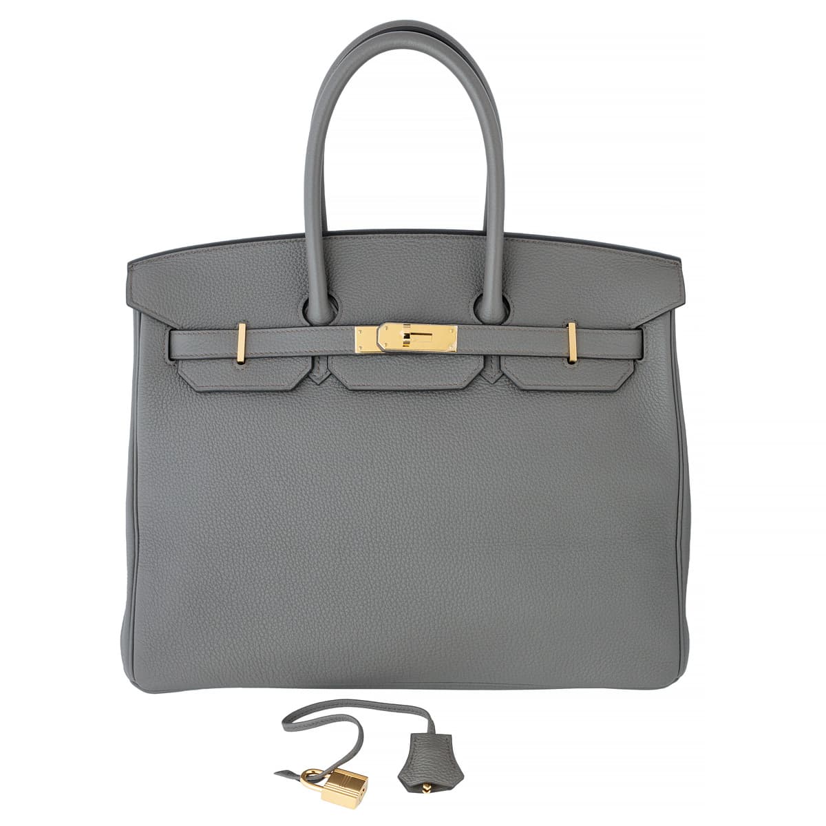 Hermes Birkin 35 light grey leather with gold hardware and grey clochette.