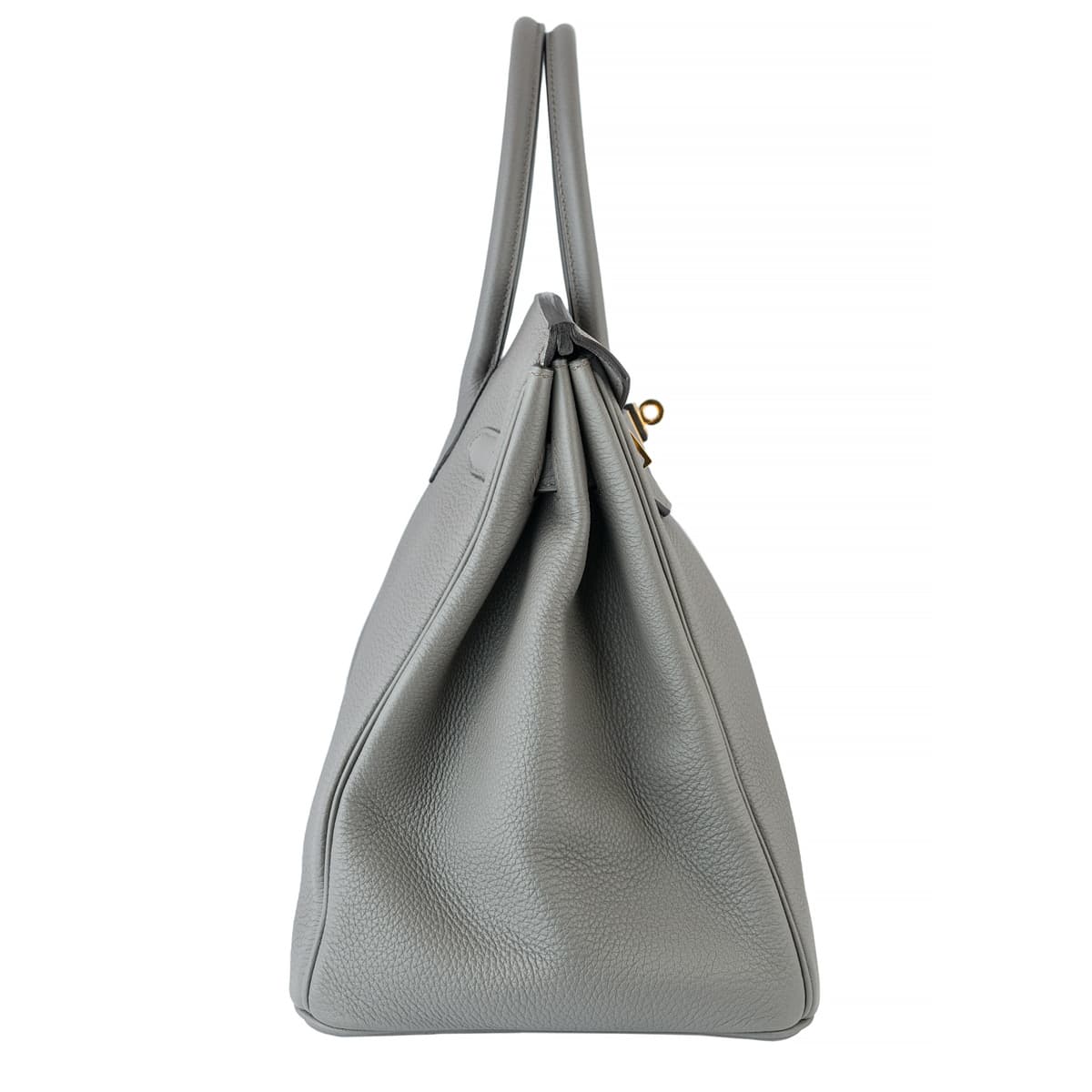 Side view of the Hermes Birkin 35 light grey leather with gold hardware.