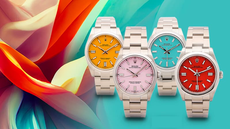 Four Rolex Oyster Perpetual watches in stainless steel with red, yellow, pink and turquoise dials.