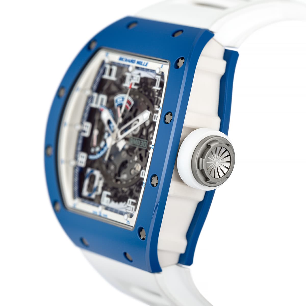 Richard-mille-rm030-EMEA-blue-ceramic-white-rubber-skeleton-side