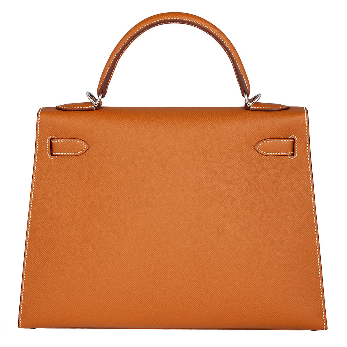 Back view of the Hermes Kelly Sellier 28 in Epsom Gold leather with palladium hardware