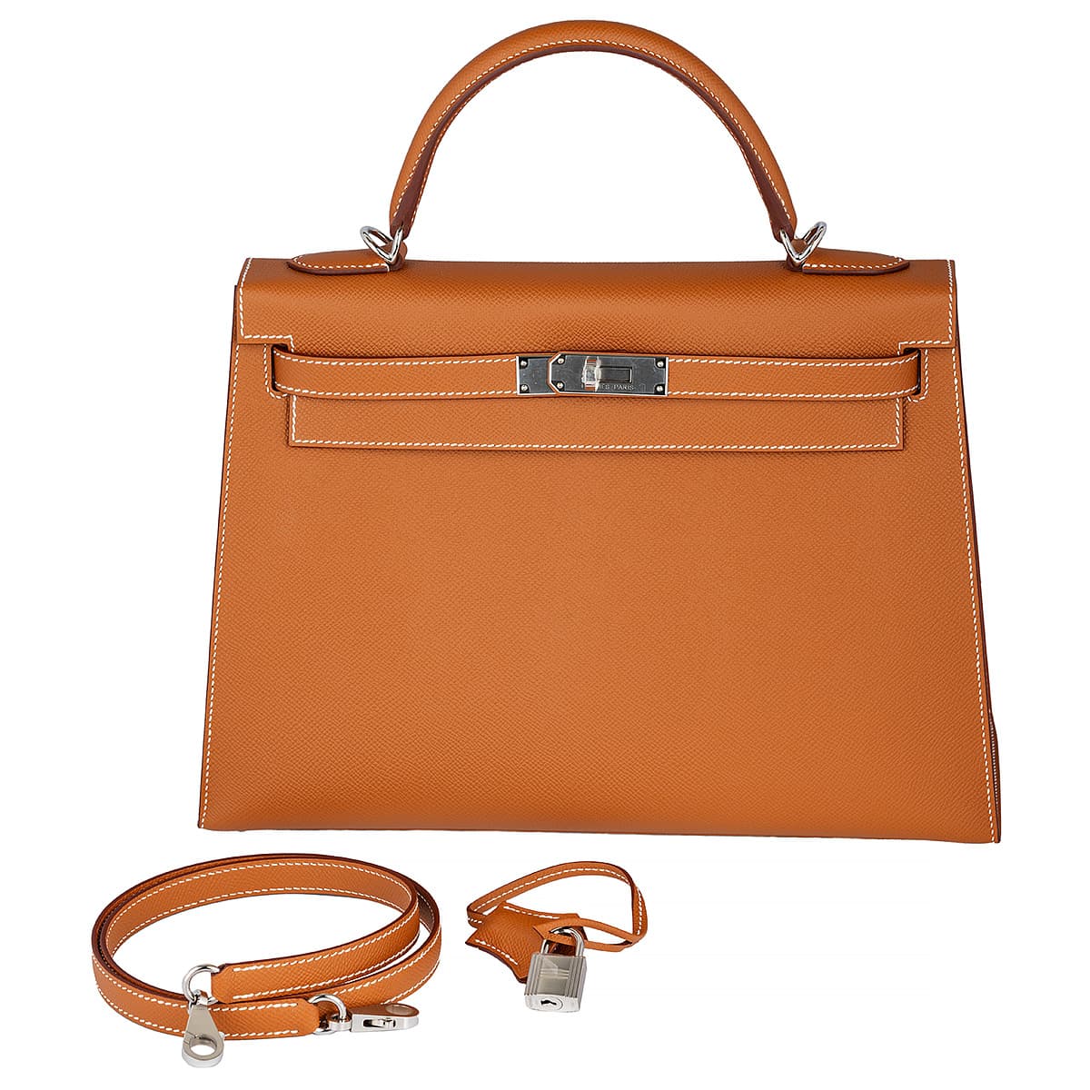 View of the Hermes Kelly Sellier 28 in Epsom Gold leather with palladium hardware with strap and lock