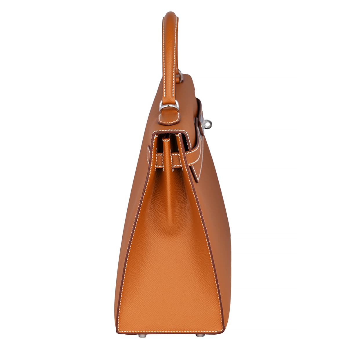 Side view of the Hermes Kelly Sellier 28 in Epsom Gold leather with palladium hardware