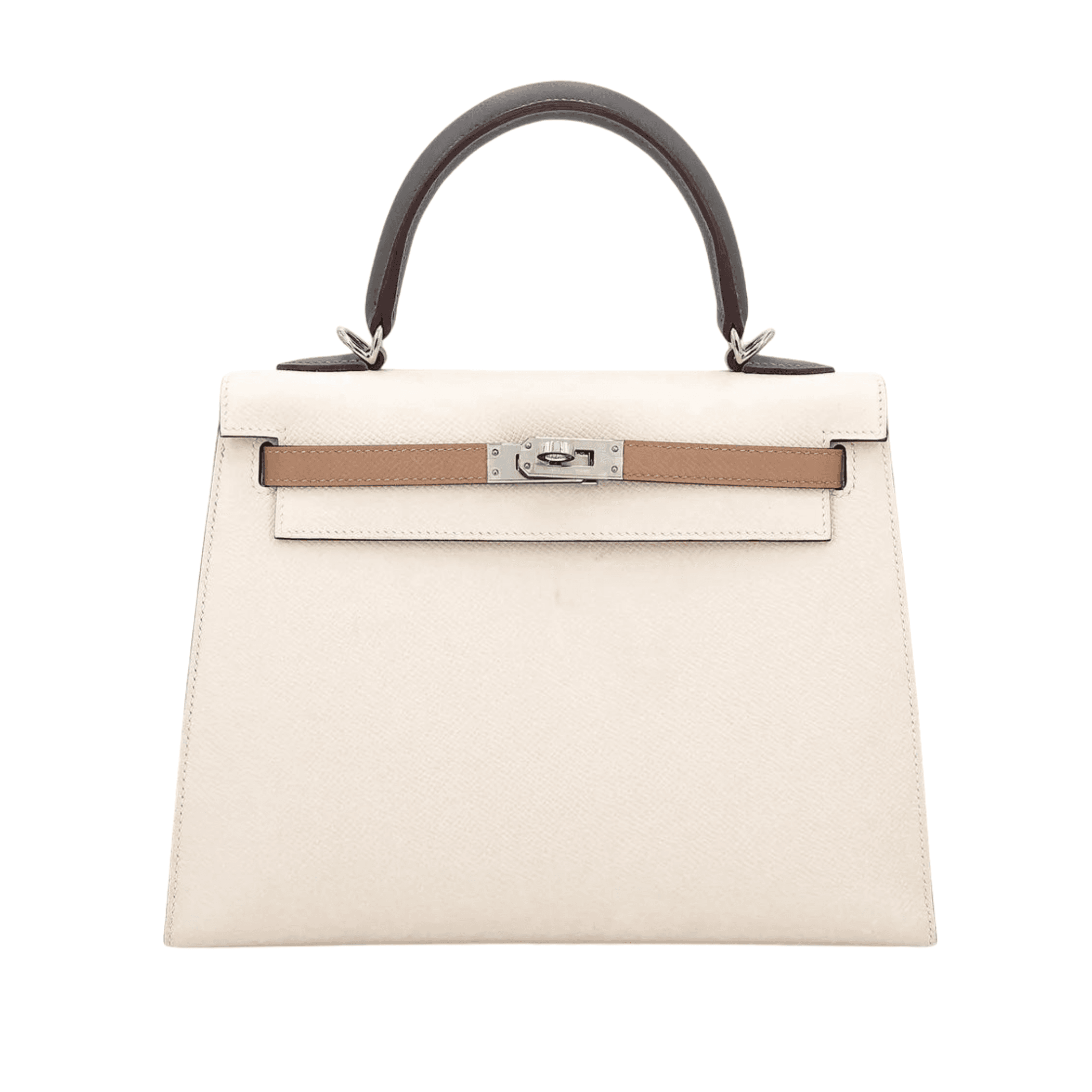 Hermès Kelly 25 Tricolor Sellier Epsom Nata/Gris Meyer/Chai Epsom · Nata/Gris Meyer/Chai · Palladium hardware