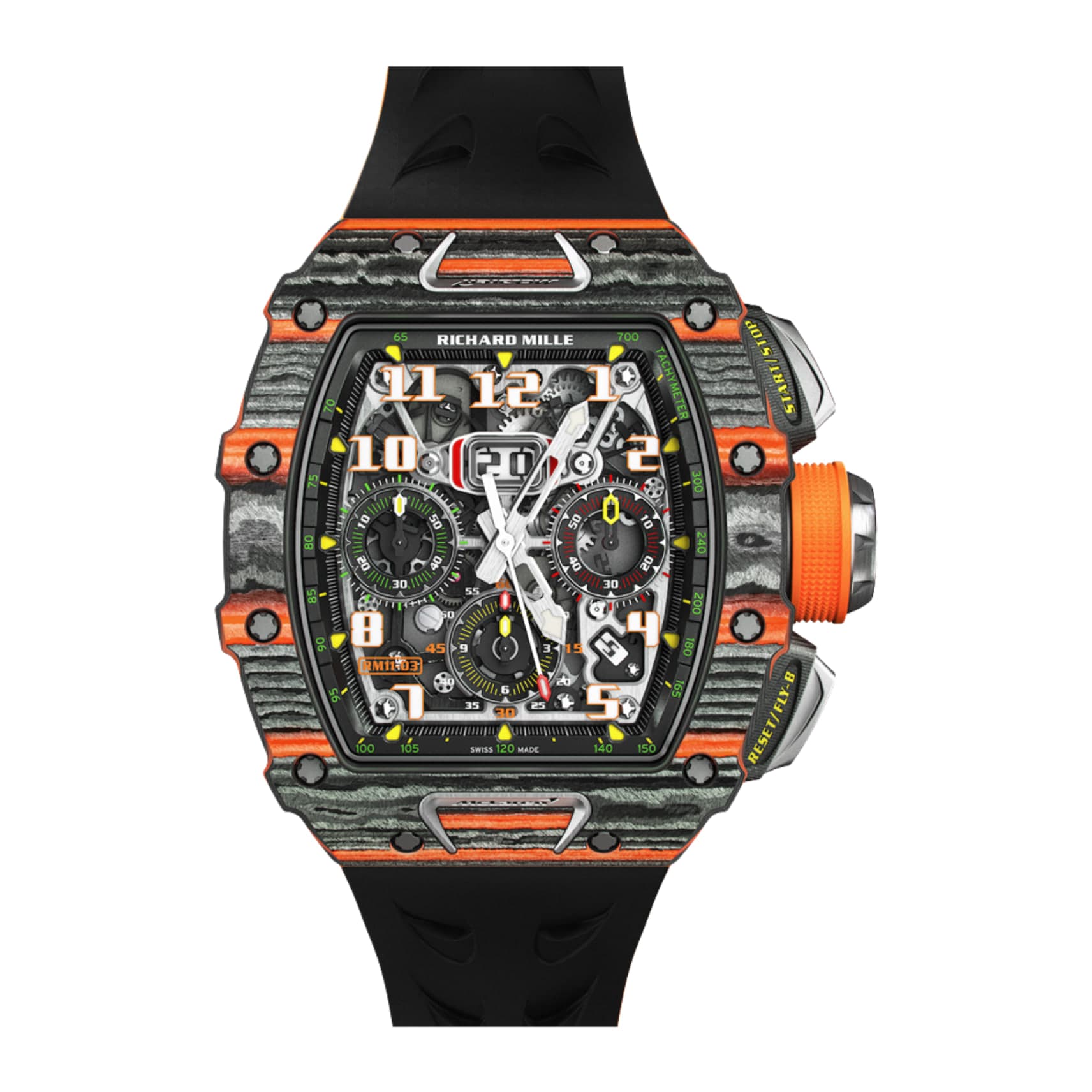Richard Mille McLaren Ref. RM11-03 · Carbon TPT® and Orange Quartz TPT® · 49.94mm (H) x 44.5mm (W) x 16.15mm (D)