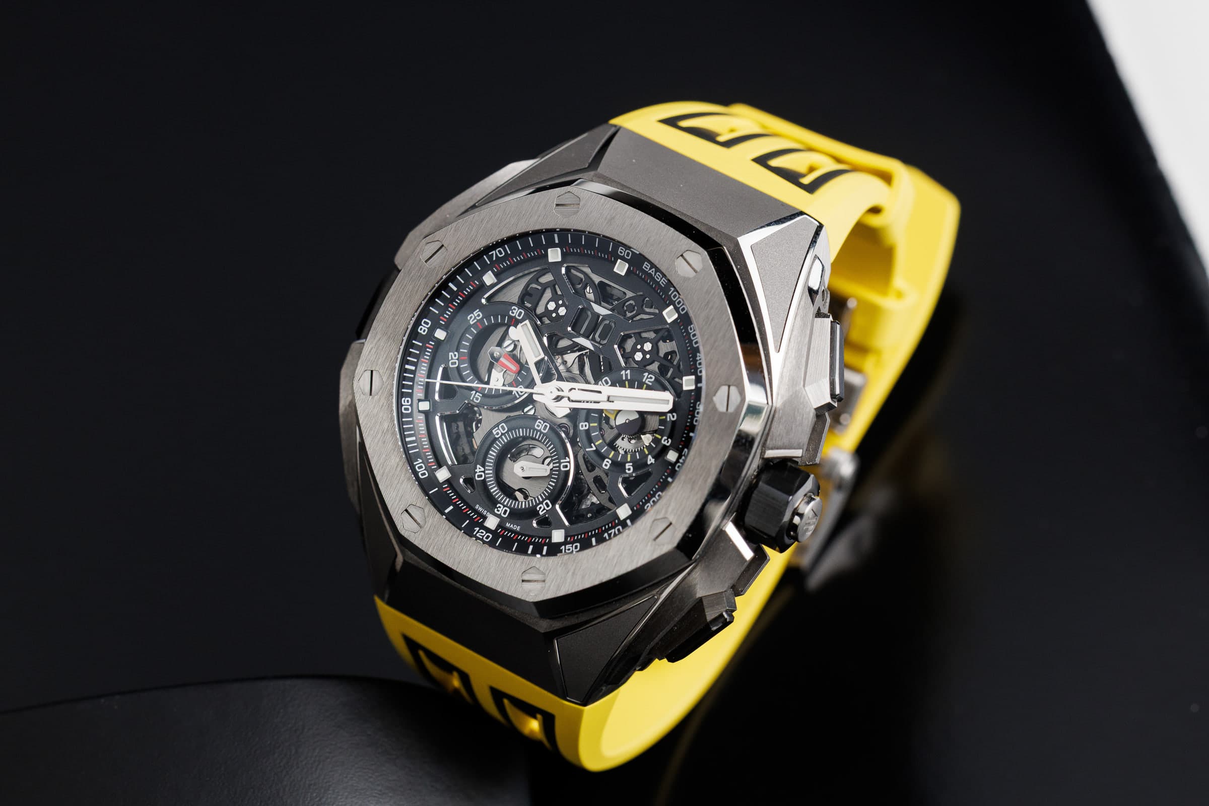 Audemars Piguet Royal Oak Offshore 26650TI in titanium, three-quarter view on the yellow strap
