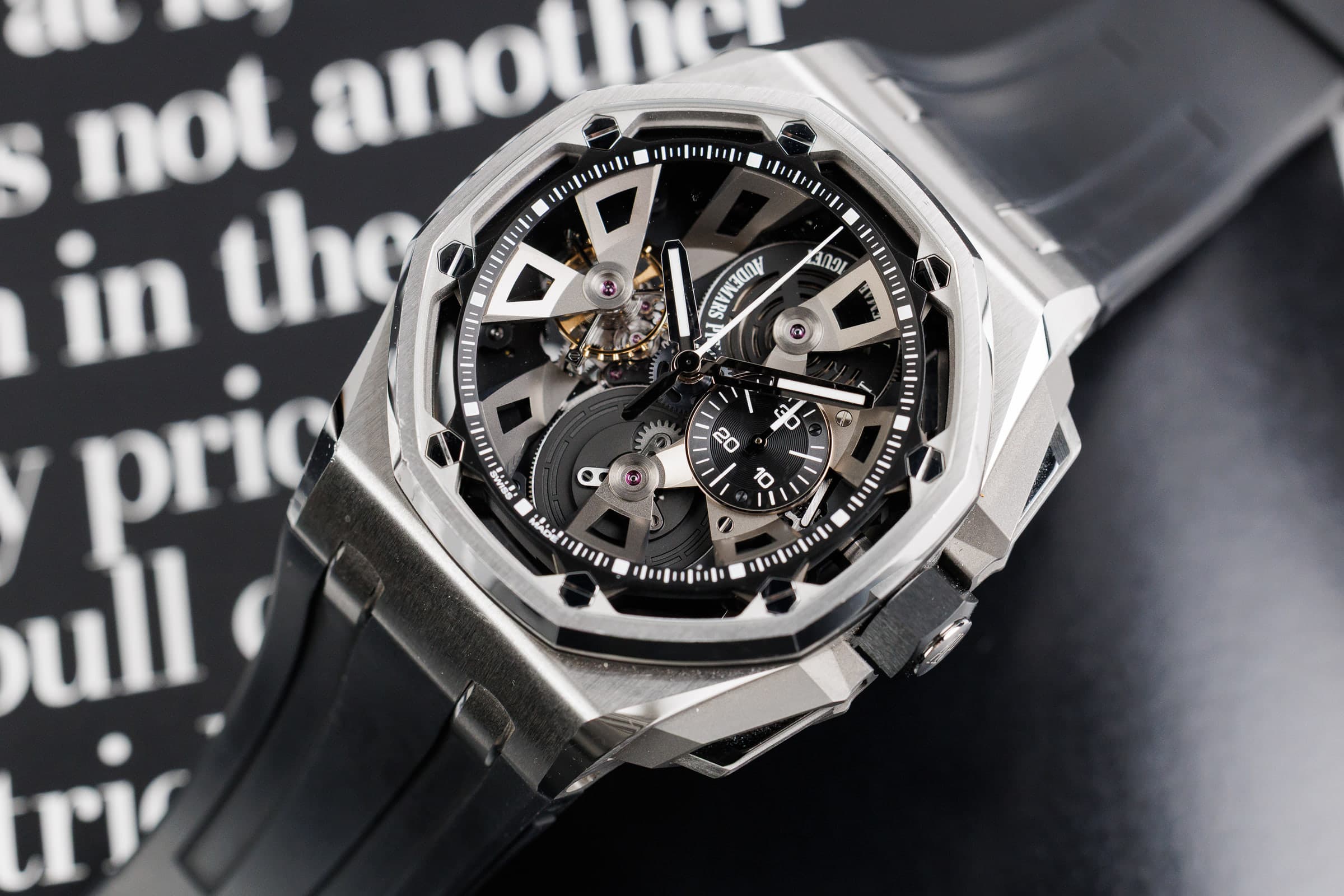 Audemars Piguet Royal Oak Offshore 26421ST tourbillon chronograph in steel, three-quarter view