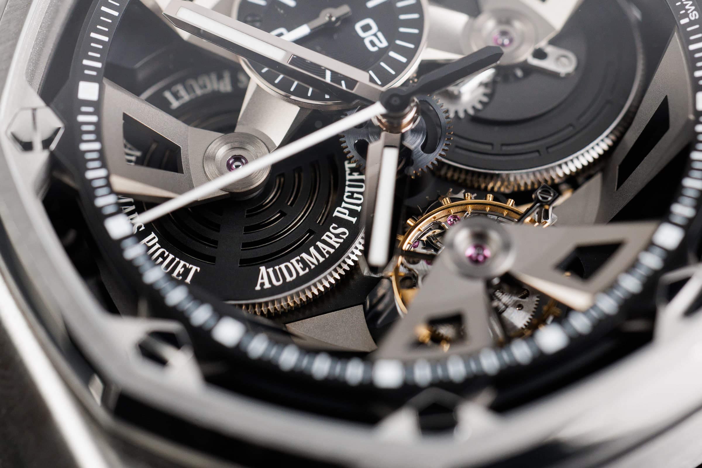 Audemars Piguet Royal Oak Offshore 26421ST tourbillon chronograph in steel, openworked dial detail