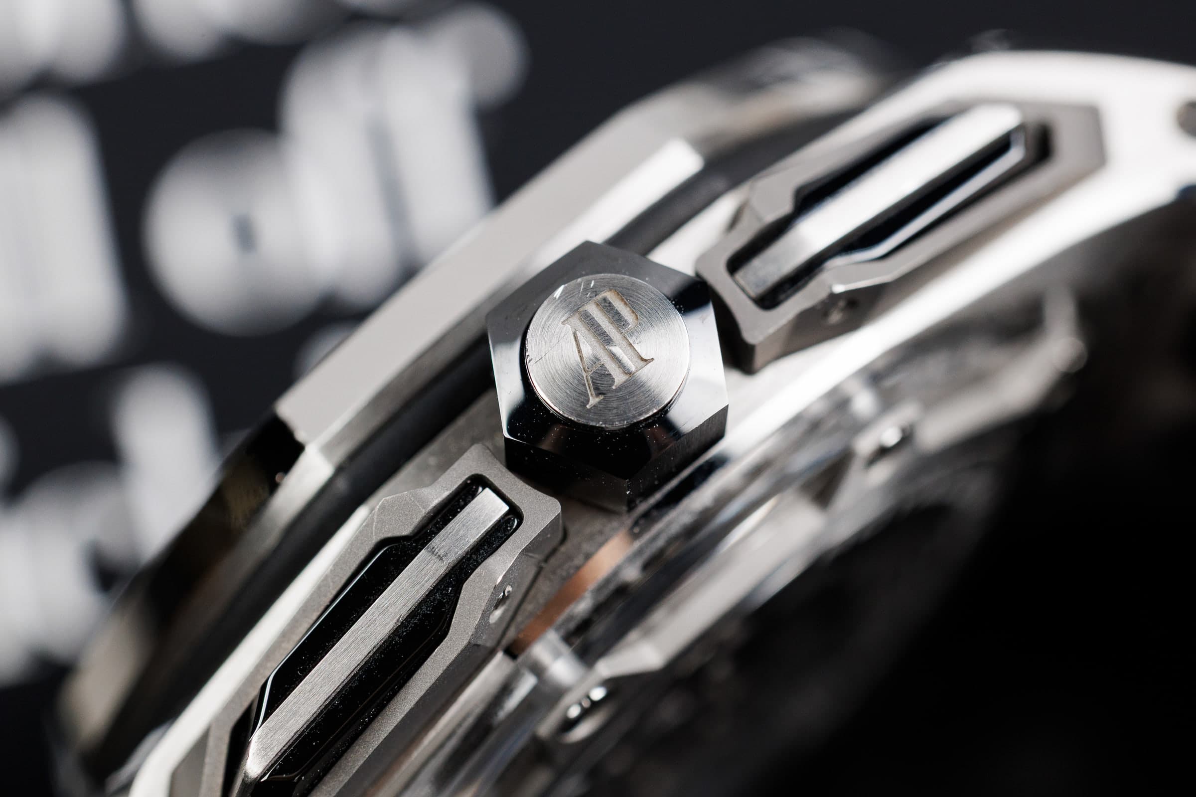 Audemars Piguet Royal Oak Offshore 26421ST tourbillon chronograph in steel, side profile with crown