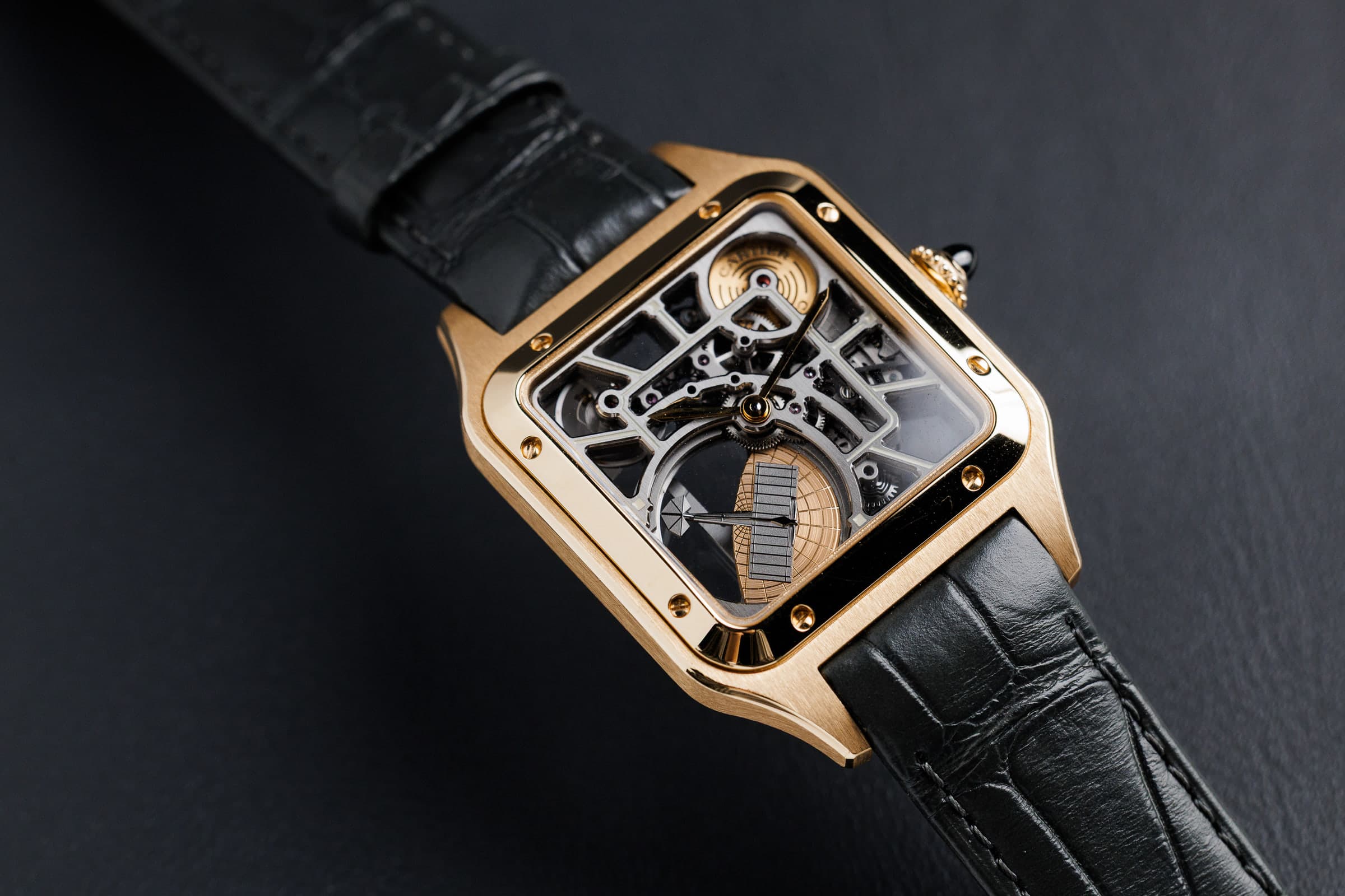 Cartier Santos-Dumont Skeleton WHSA0043 in gold, front view