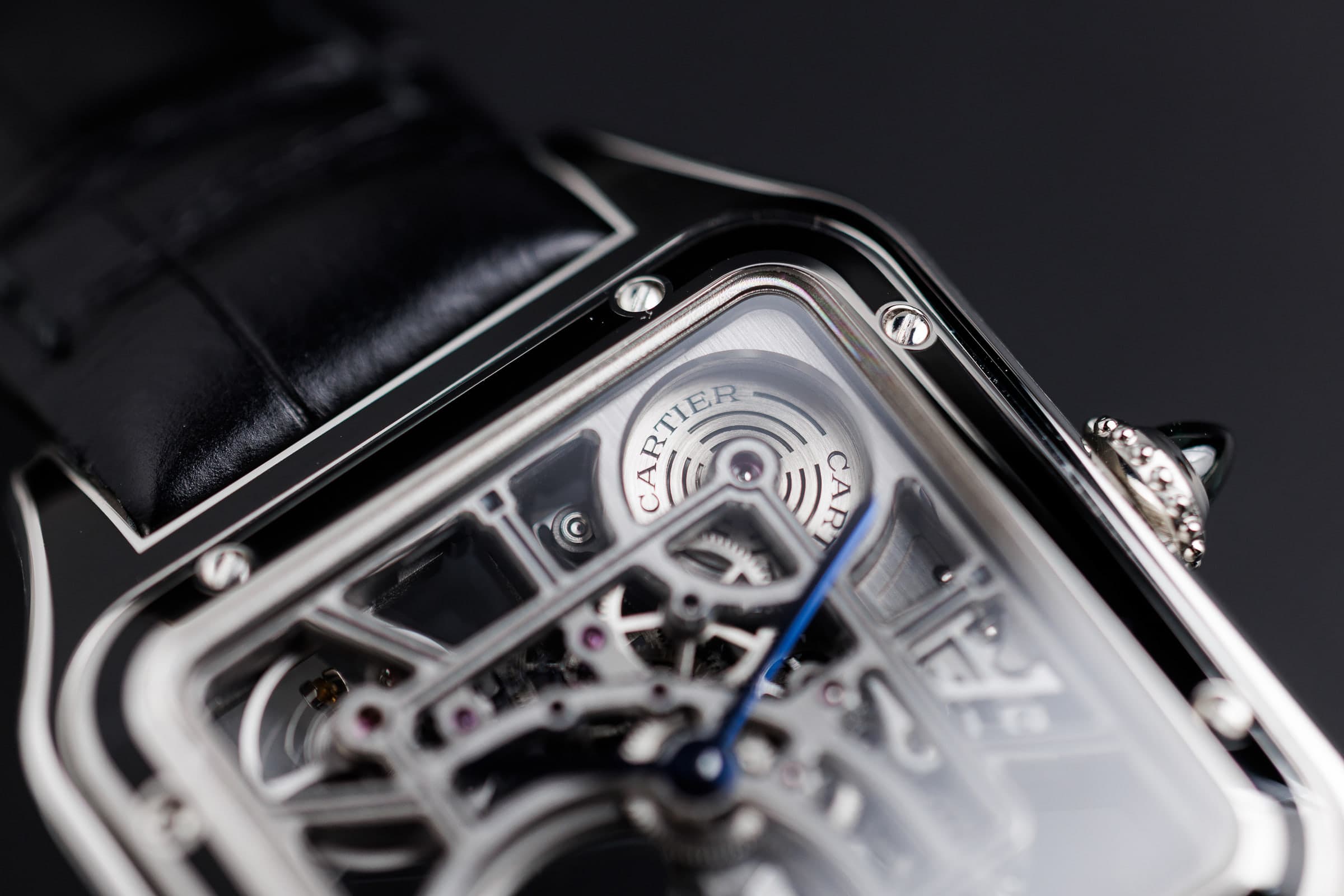 Cartier Santos-Dumont Skeleton WHSA0044 in steel, skeleton dial detail