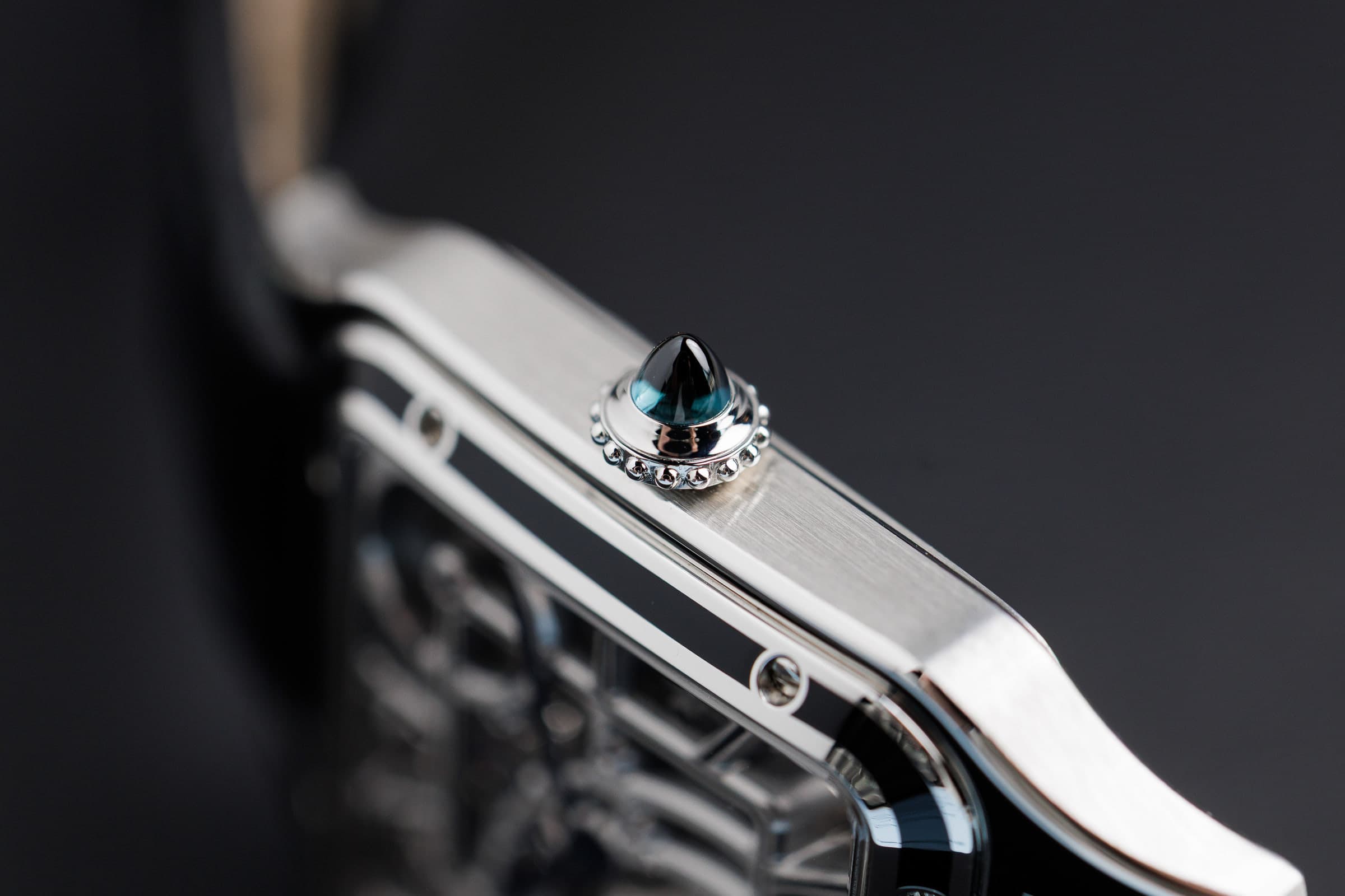 Cartier Santos-Dumont Skeleton WHSA0044 in steel, crown with sapphire cabochon