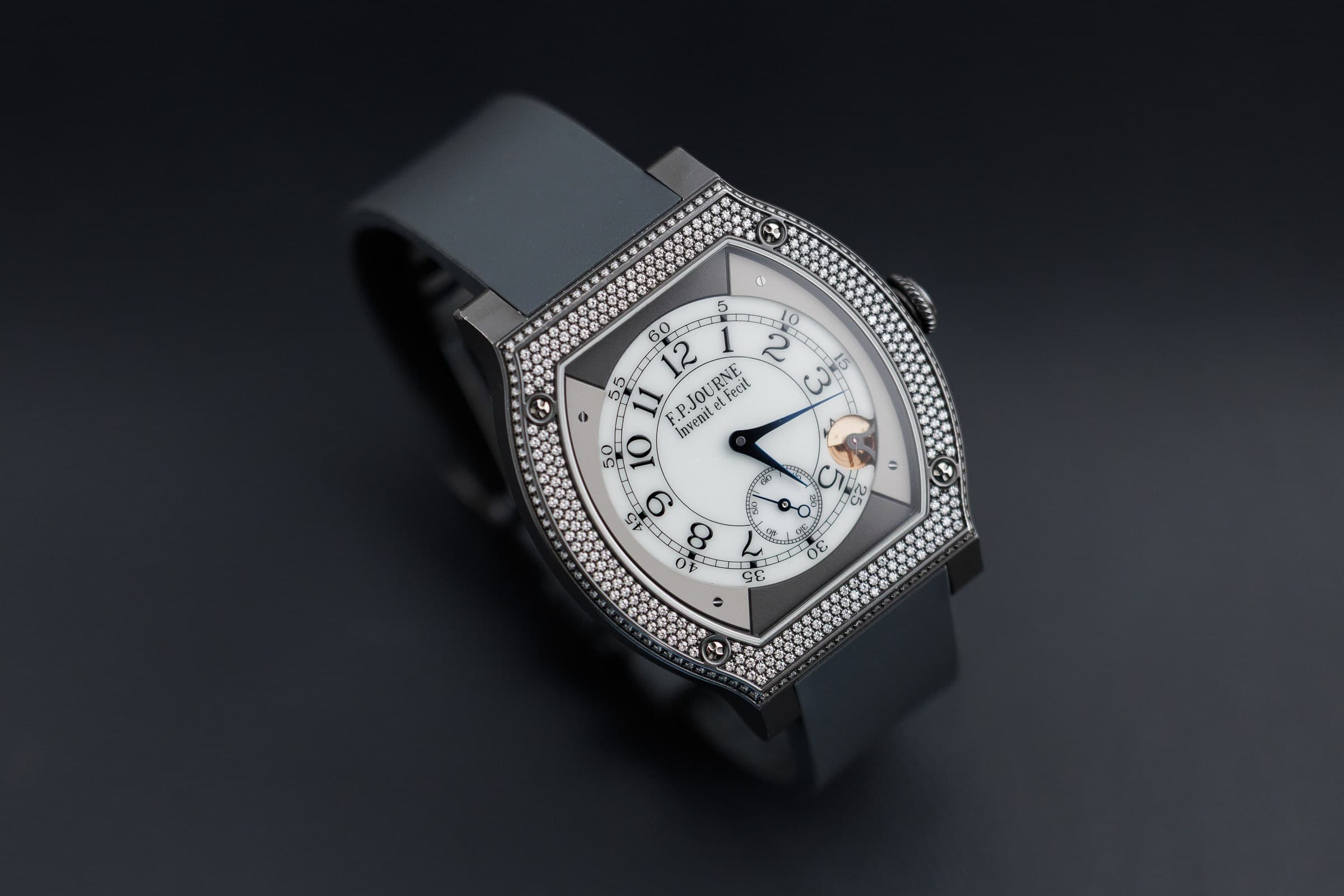 F.P. Journe Élégante 48mm Titalyt with diamond-set case, on the grey strap