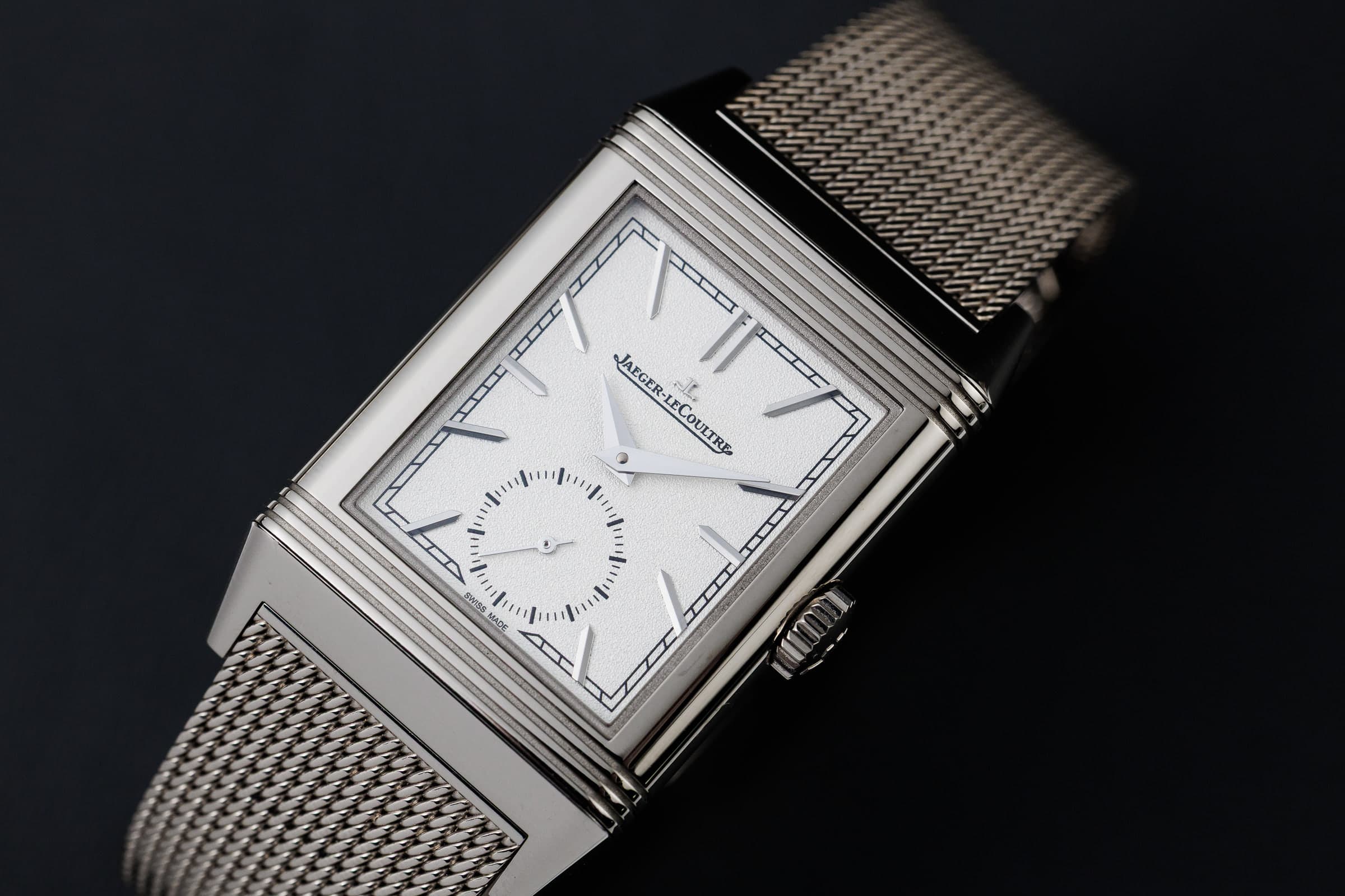 Jaeger-LeCoultre Reverso Tribute Monoface Small Seconds Q713312J in white gold, on the mesh bracelet