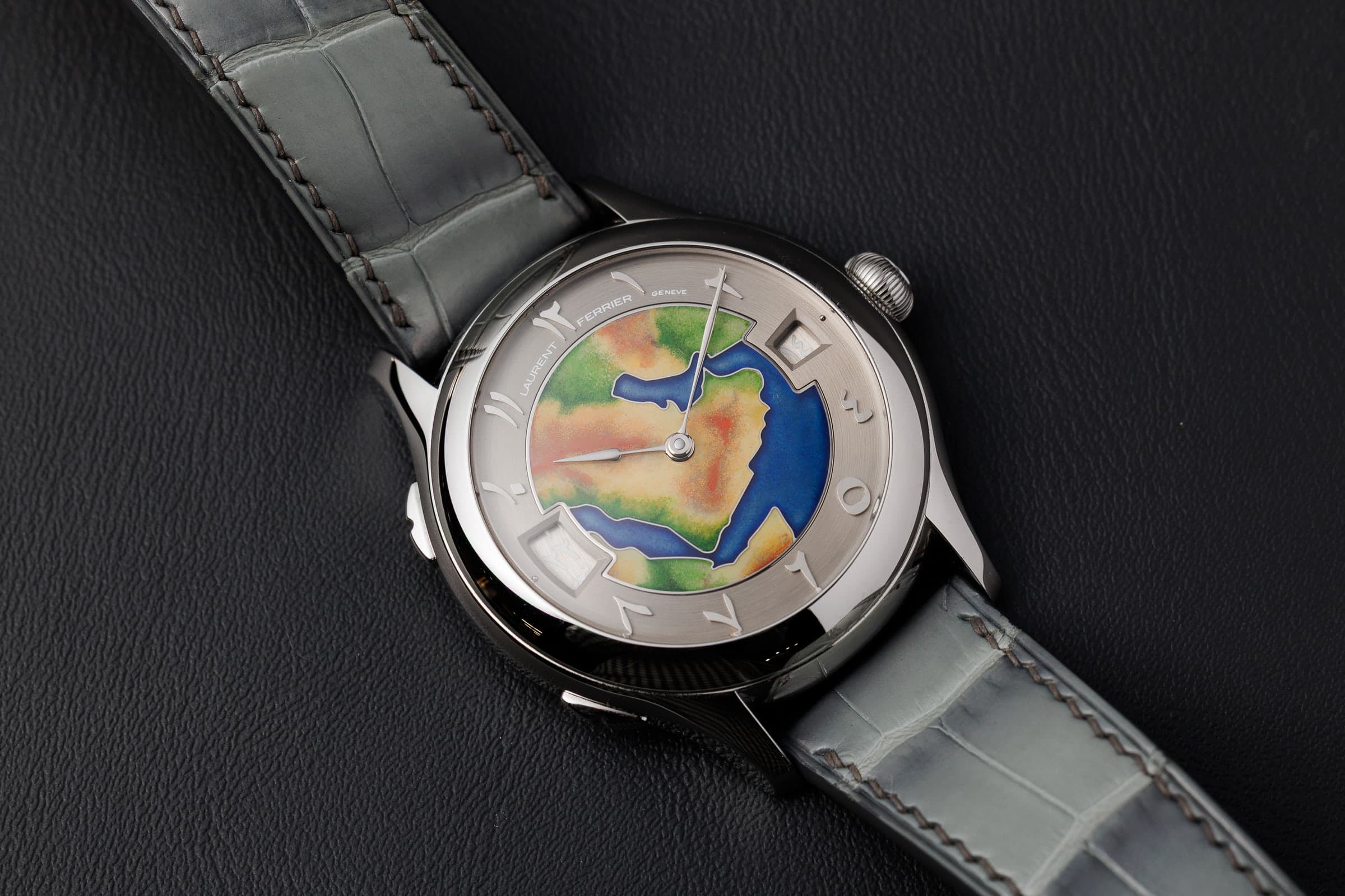 Laurent Ferrier Classic Traveller LF230.02 in white gold with enamel map dial, on the grey strap