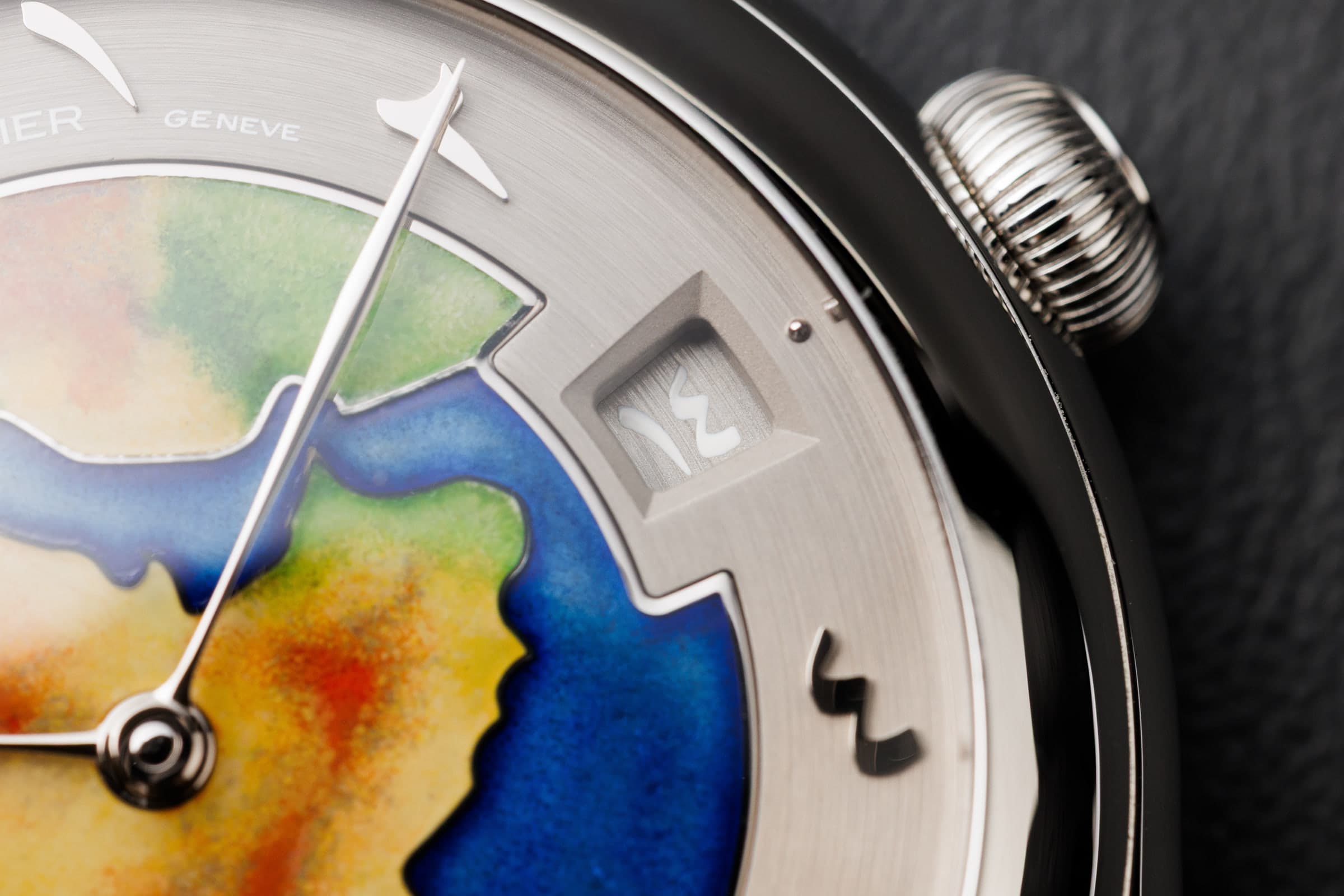 Laurent Ferrier Classic Traveller LF230.02 in white gold with enamel map dial, dial close-up