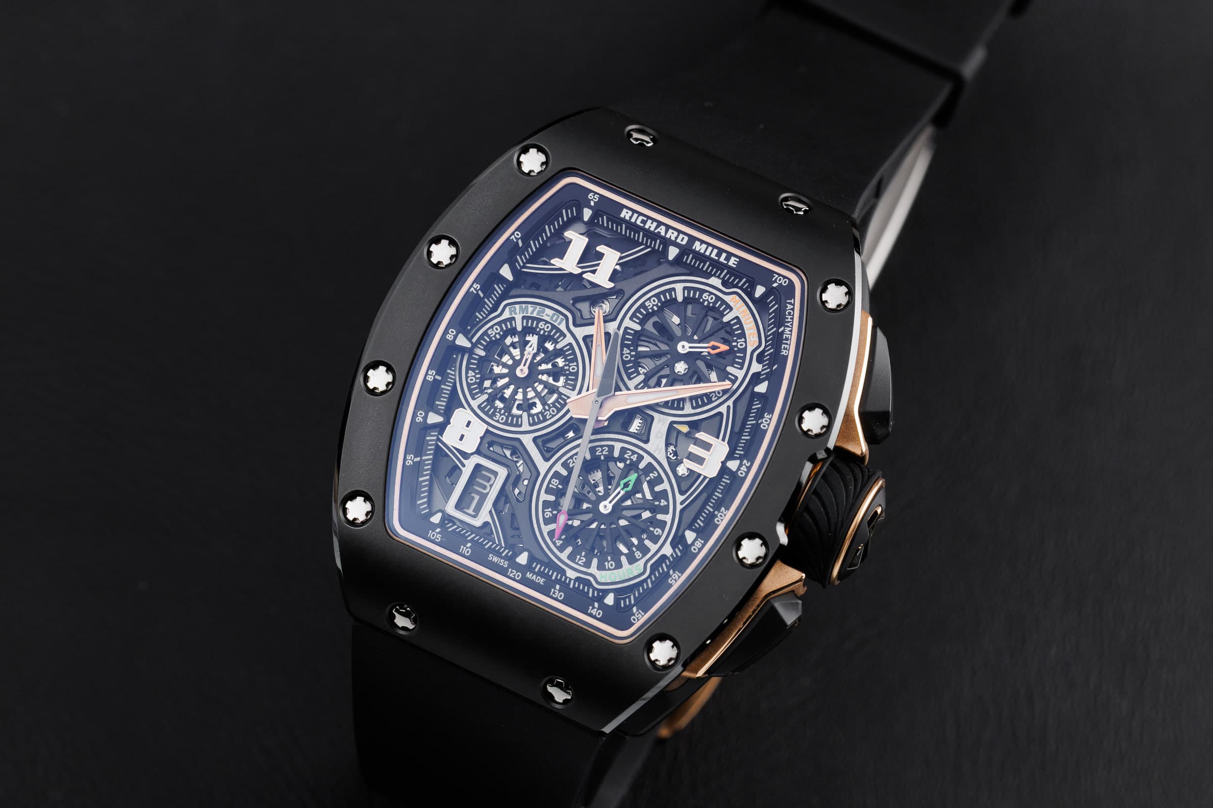 Richard Mille RM 72-01 Lifestyle Flyback Chronograph in black TZP ceramic and red gold, on the black strap