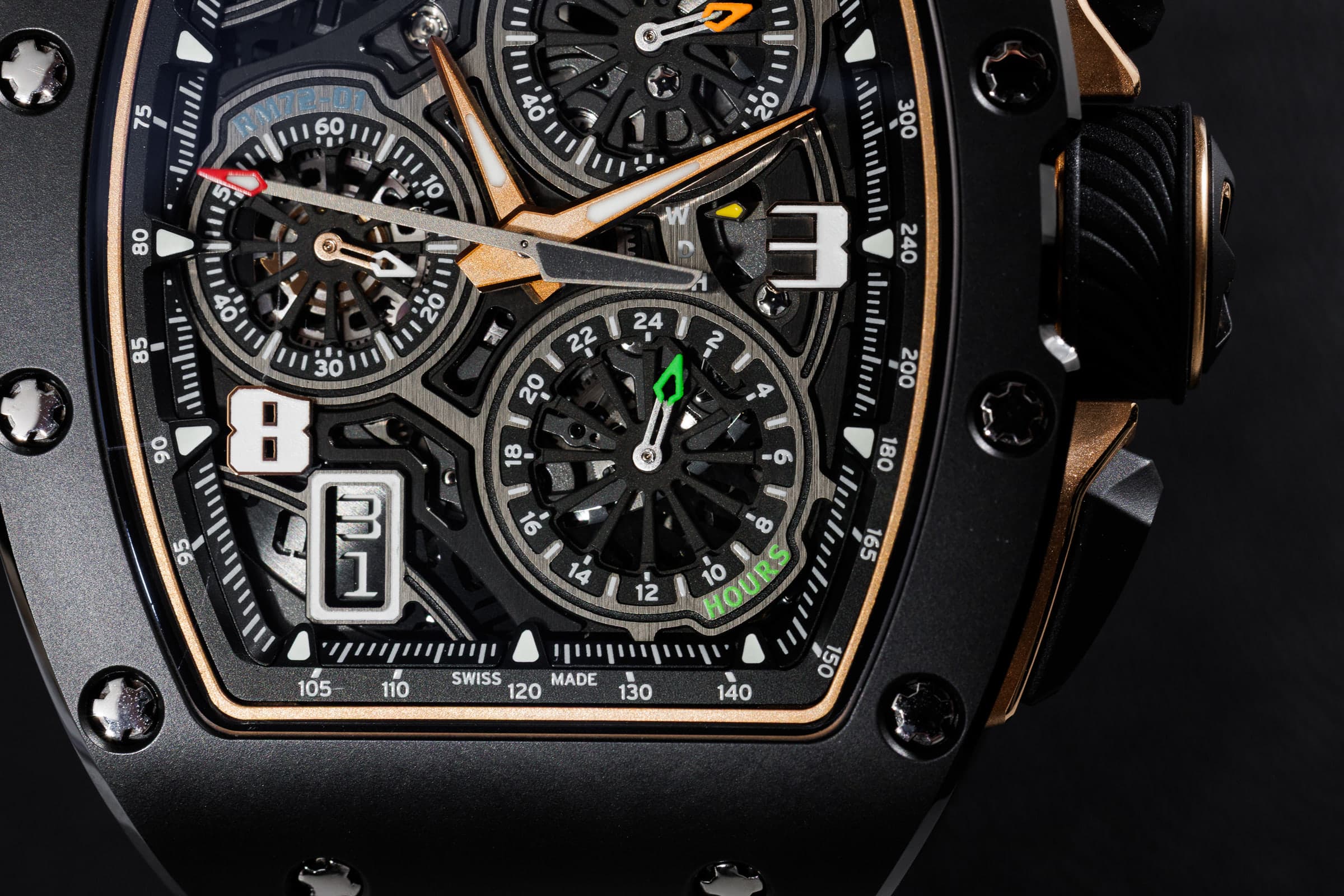 Richard Mille RM 72-01 Lifestyle Flyback Chronograph in black TZP ceramic and red gold, skeletonised chronograph dial