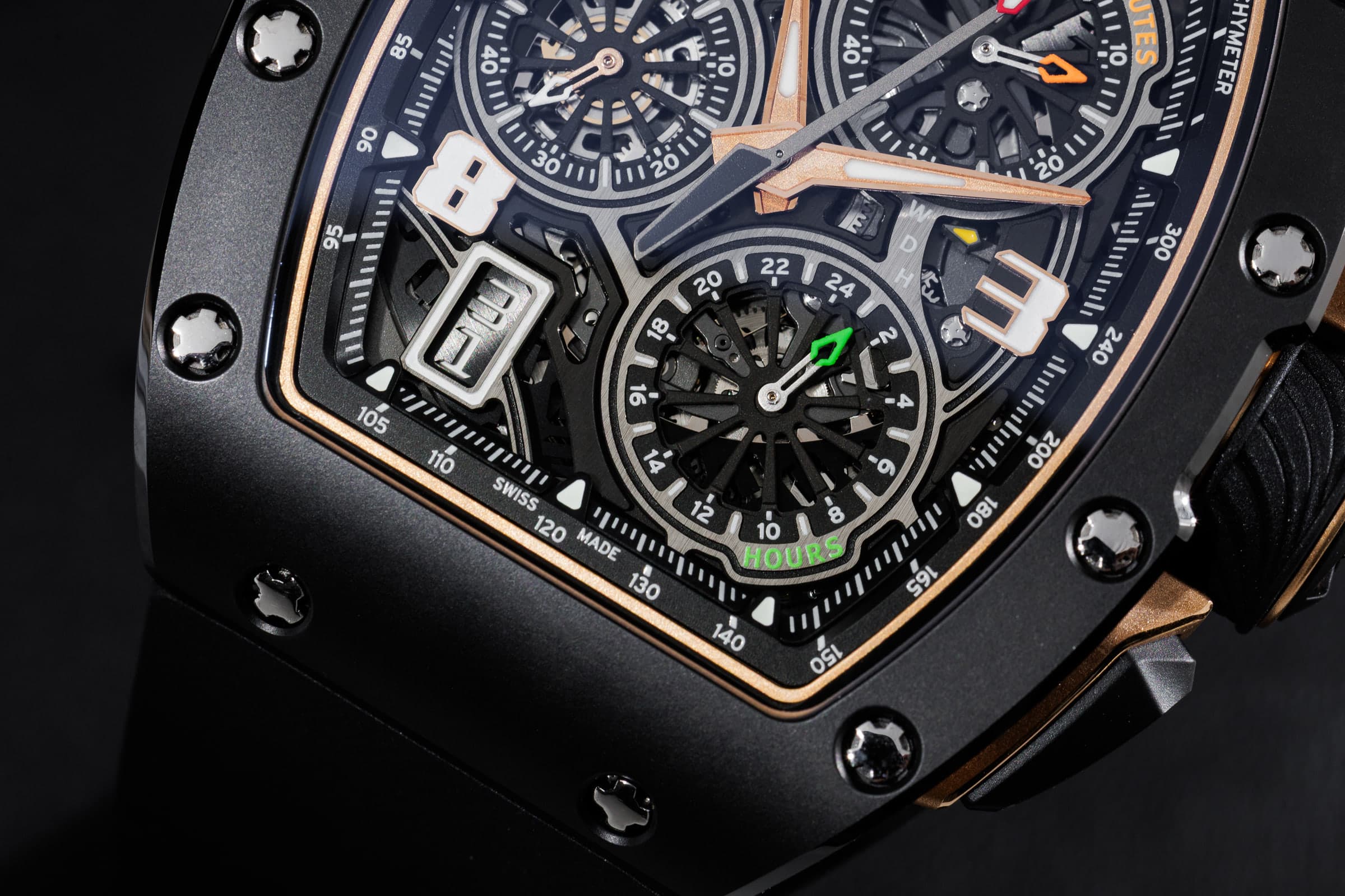 Richard Mille RM 72-01 Lifestyle Flyback Chronograph in black TZP ceramic and red gold, dial at an angle