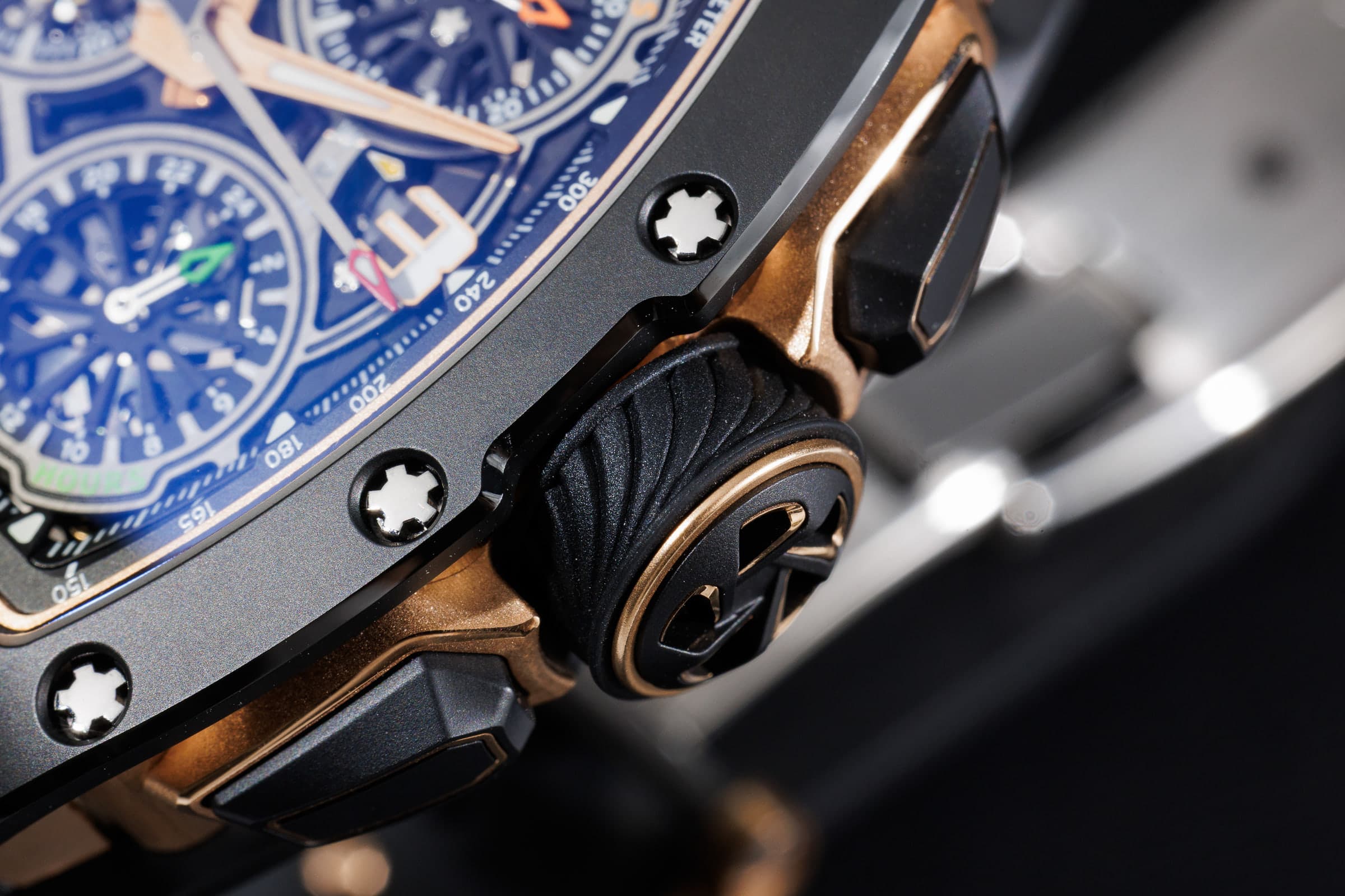 Richard Mille RM 72-01 Lifestyle Flyback Chronograph in black TZP ceramic and red gold, dial and crown detail