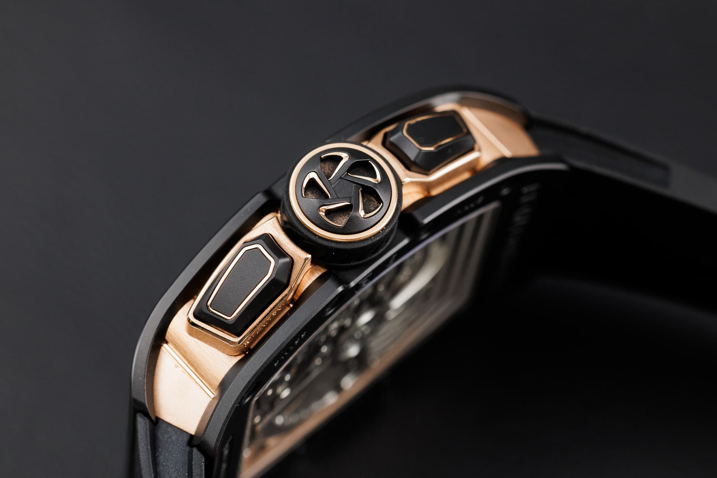 Richard Mille RM 72-01 Lifestyle Flyback Chronograph in black TZP ceramic and red gold, pushers in profile