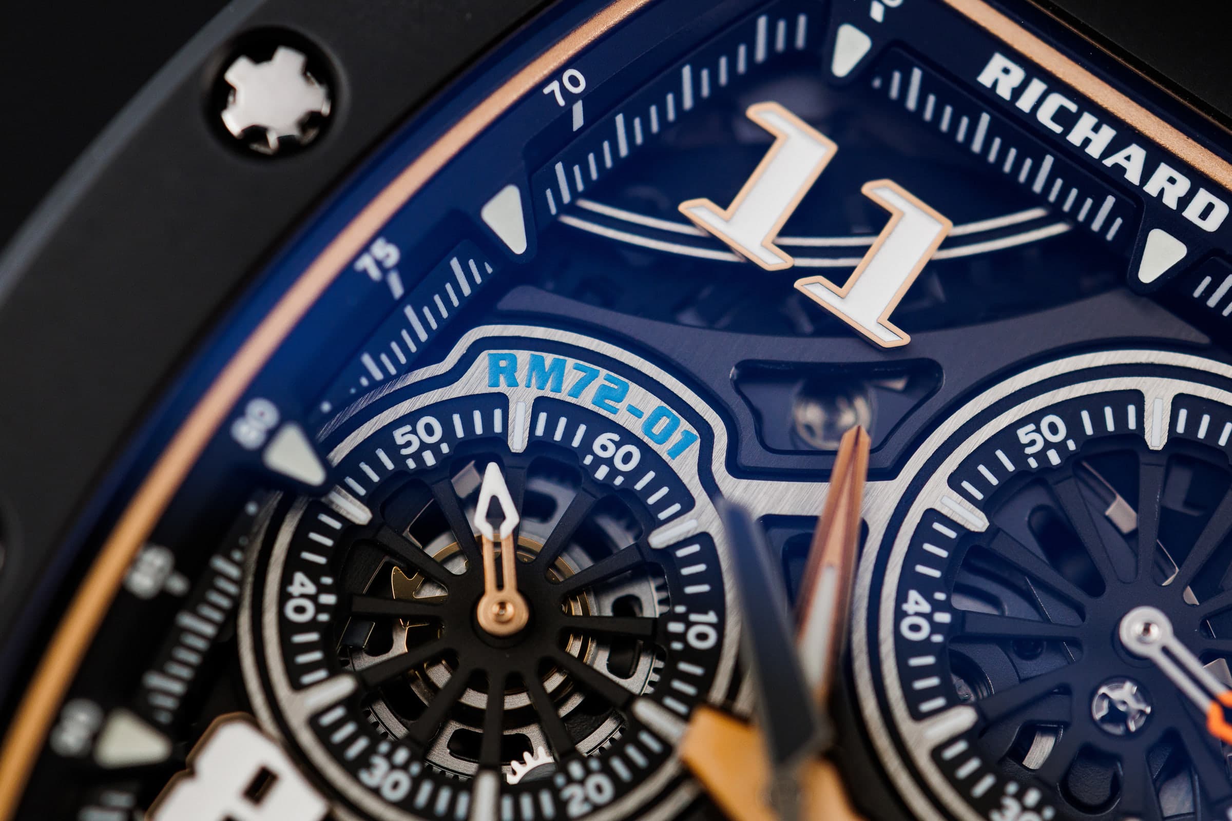 Richard Mille RM 72-01 Lifestyle Flyback Chronograph in black TZP ceramic and red gold, dial close-up