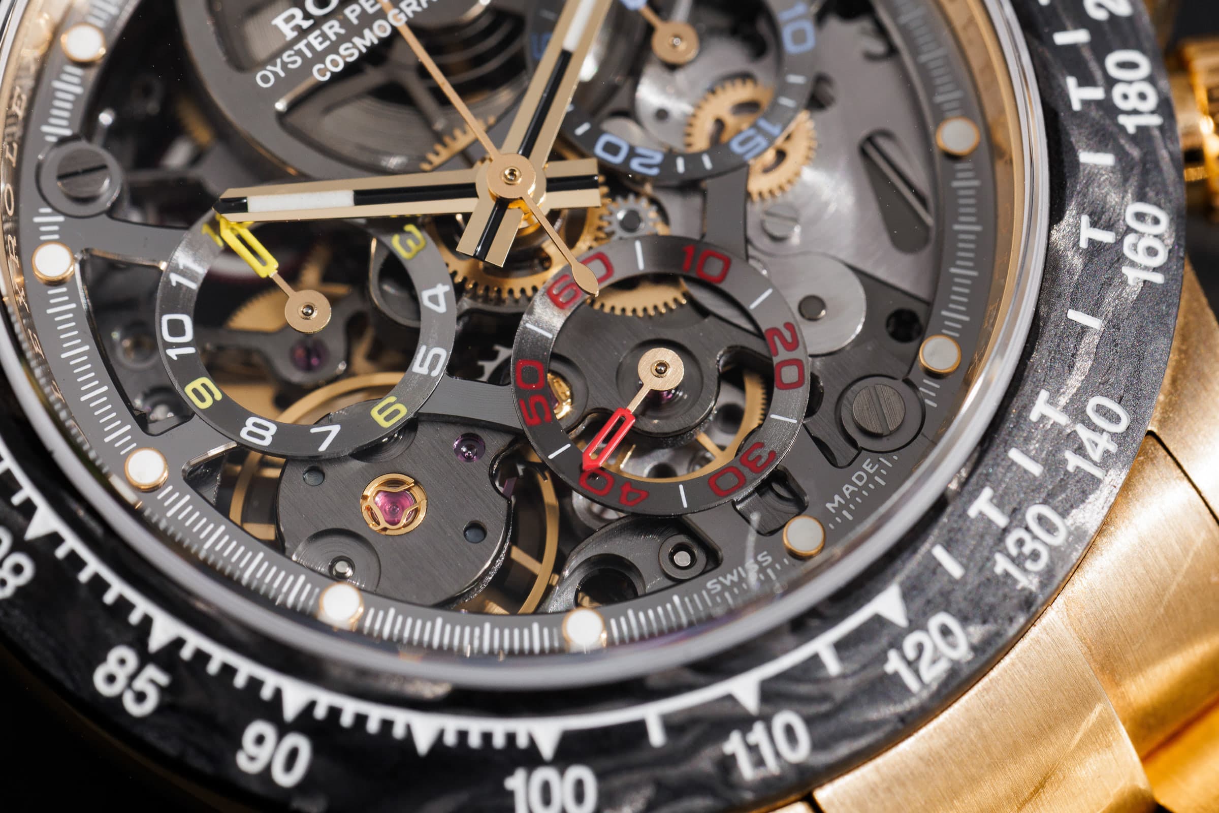 Rolex Cosmograph Daytona Artisans de Genève La Montoya in yellow gold, skeleton dial detail