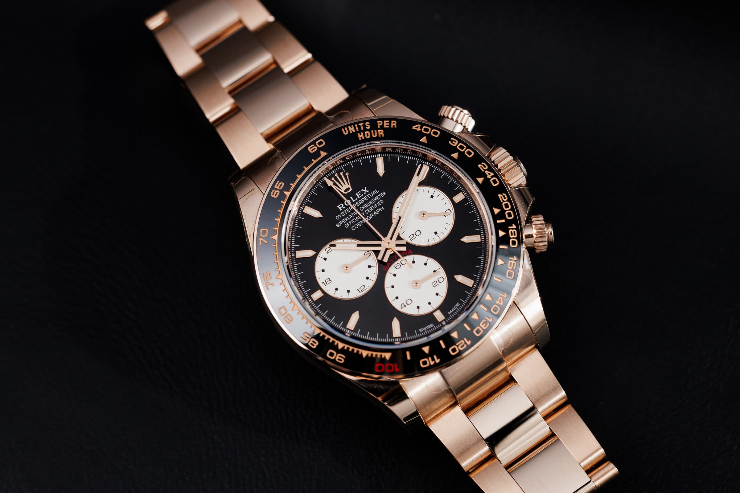 Rolex Cosmograph Daytona 126525LN in Everose gold with black dial, on the Everose bracelet