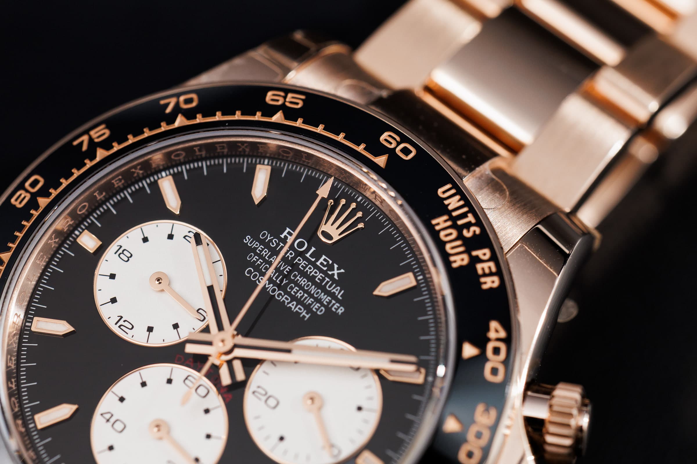 Rolex Cosmograph Daytona 126525LN in Everose gold with black dial, black dial with cream counters