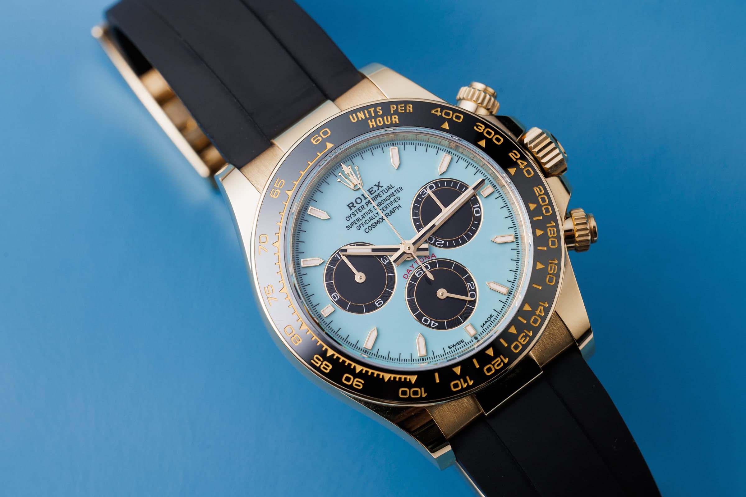 Rolex Cosmograph Daytona 126518LN in yellow gold with turquoise dial, on the Oysterflex bracelet