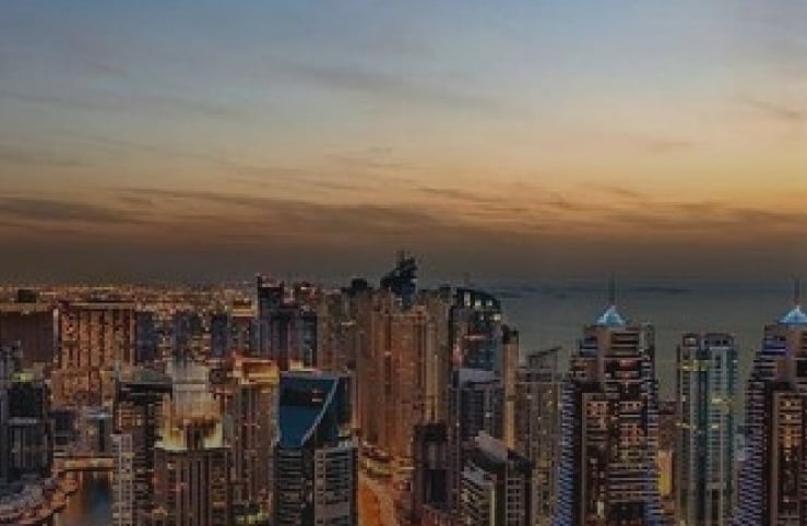 The Dubai skyline at sunset